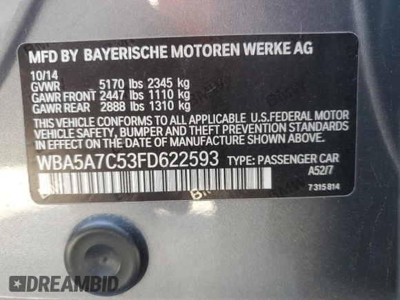 2015 BMW 5 Series 528i xDrive with VIN WBA5A7C53FD622593, listed as a Copart auction lot 49891785 with 183,973 mi miles and Salvage Title. Bid and sale history available at carsss.com. Image 14.