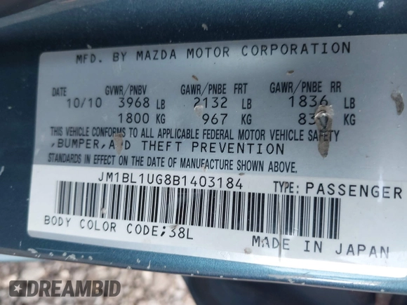 2011 Mazda Mazda3 i Sport with VIN JM1BL1UG8B1403184, listed as a IAAI auction lot 41647007 with 169,702 mi miles. Bid and sale history available at carsss.com. Image 9.
