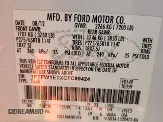 2012 Ford F-150 XL with VIN 1FTFW1ETXCFC89424, listed as a Copart auction lot 87043494 with Not provided miles and Salvage title. Bid and sale history available at DreamBid. Image 14.