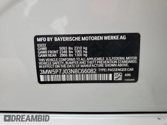 2022 BMW 3 Series 330e with VIN 3MW5P7J03N8C66082, listed as a Copart auction lot 50627595 with 70,799 mi miles and Salvage Title. Bid and sale history available at carsss.com. Image 13.