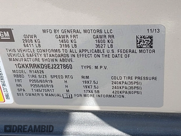 2014 GMC Acadia SLT z VIN 1GKKRRKD9EJ227860, wystawiony jako IAAI lot #41868843 z przebiegiem 67 395 mil mil oraz . Historia ofert i sprzedaży dostępna na DreamBid. Obrazek 9.