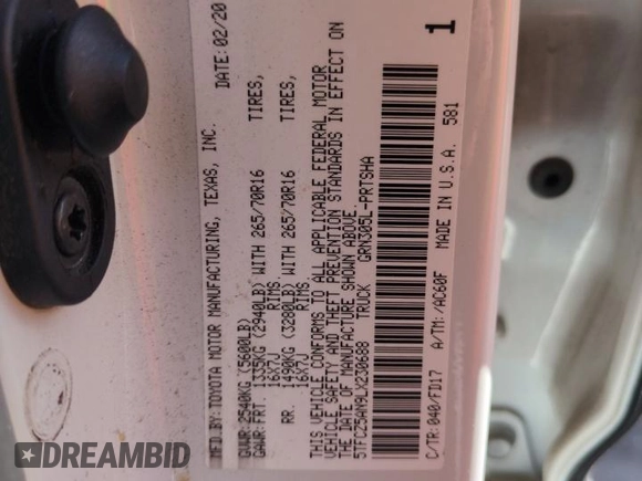 2020 Toyota Tacoma SR5 z VIN 5TFCZ5AN9LX230688, wystawiony jako Copart lot #55305165 z przebiegiem 50 381 mil mil oraz Szkoda całkowita • Salvage title. Historia ofert i sprzedaży dostępna na DreamBid. Obrazek 12.