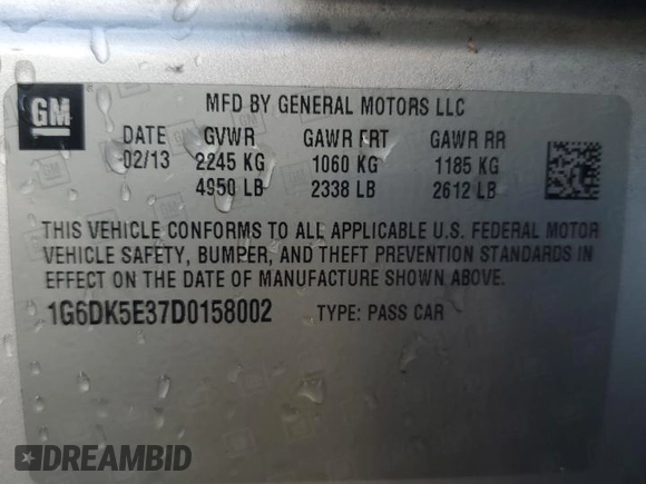 2013 Cadillac CTS Performance with VIN 1G6DK5E37D0158002, listed as a Copart auction lot 44213945 with 94,467 mi miles and Salvage Title. Bid and sale history available at DreamBid. Image 13.