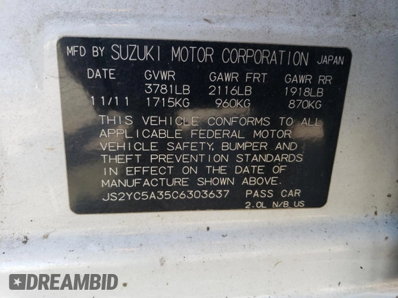 2012 Suzuki SX4 LE with VIN JS2YC5A35C6303637, listed as a Copart auction lot 71122474 with 169,761 mi miles and Salvage Title. Bid and sale history available at carsss.com. Image 12.