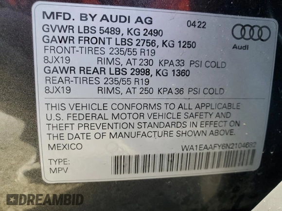2022 Audi Q5 S line Premium Plus with VIN WA1EAAFY6N2104682, listed as a Copart auction lot 85463014 with 20,414 mi miles and Salvage Title. Bid and sale history available at carsss.com. Image 15.