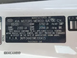 2021 Kia Forte GT-Line with VIN 3KPF34AD1ME330415, listed as a Copart auction lot 57488545 with 46,074 mi miles and Salvage title. Bid and sale history available at DreamBid. Image 12.