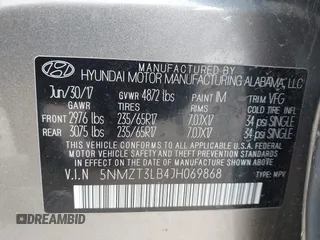 2018 Hyundai Santa Fe 2.4L with VIN 5NMZT3LB4JH069868, listed as a IAAI auction lot 42675555 with 142,612 mi miles and . Bid and sale history available at DreamBid. Image 9.