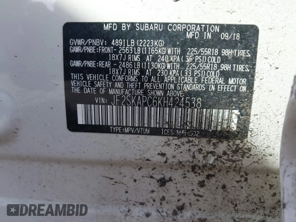2019 Subaru Forester Sport with VIN JF2SKAPC6KH424538, listed as a IAAI auction lot 41861837 with 109,734 mi miles. Bid and sale history available at carsss.com. Image 9.