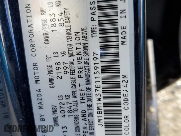 2014 Mazda 3 S Grand Touring with VIN JM1BM1W37E1159197, listed as a Copart auction lot 47953025 with 58,776 mi miles and Salvage Title. Bid and sale history available at DreamBid. Image 12.