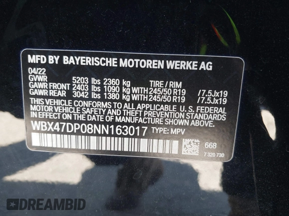 2022 BMW X3 sDrive30i with VIN WBX47DP08NN163017, listed as a IAAI auction lot 41743511 with 25,433 mi miles and . Bid and sale history available at DreamBid. Image 9.