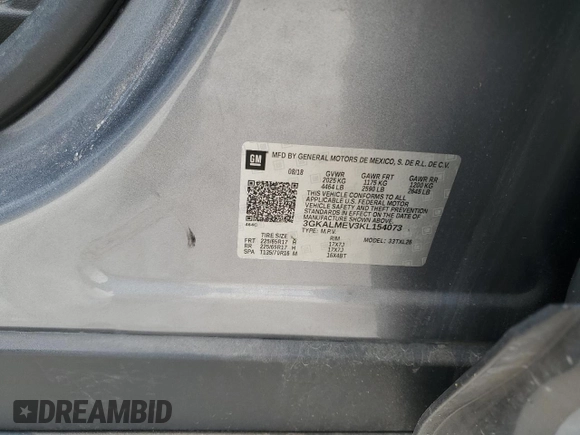 2019 GMC Terrain SLE z VIN 3GKALMEV3KL154073, wystawiony jako Copart lot #54871745 z przebiegiem 55 630 mil mil oraz Szkoda całkowita • Salvage title. Historia ofert i sprzedaży dostępna na DreamBid. Obrazek 13.