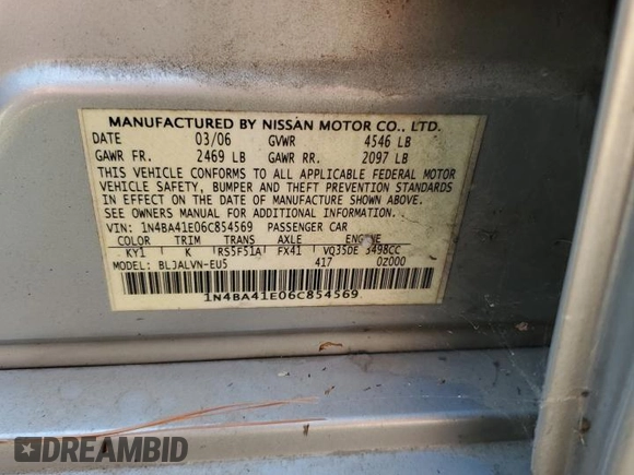 2006 Nissan Maxima 3.5 SE with VIN 1N4BA41E06C854569, listed as a Copart auction lot 69579414 with 203,531 mi miles and Salvage Title. Bid and sale history available at carsss.com. Image 14.
