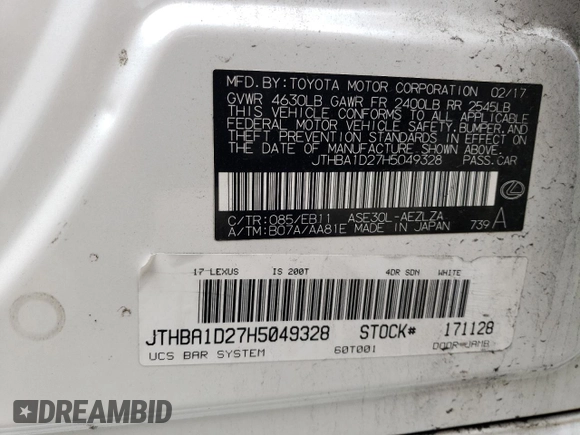 2017 Lexus IS with VIN JTHBA1D27H5049328, listed as a Copart auction lot 50242855 with 81,868 mi miles and Salvage Title. Bid and sale history available at carsss.com. Image 12.