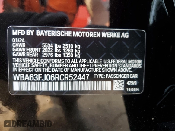 2024 BMW 5 Series 540i xDrive with VIN WBA63FJ06RCR52447, listed as a Copart auction lot 70771024 with 0 mi miles and Salvage Title. Bid and sale history available at carsss.com. Image 12.