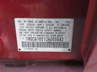 2002 Honda Accord EX z VIN 1HGCG16512A055542, wystawiony jako IAAI lot #42121839 z przebiegiem 196 264 mil mil oraz . Historia ofert i sprzedaży dostępna na DreamBid. Obrazek 9.