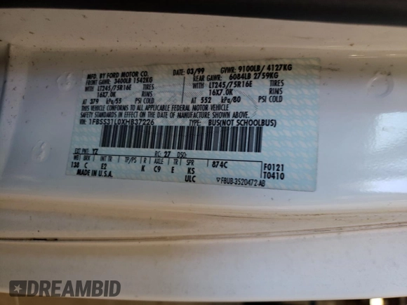 1999 Ford Econoline Passenger XL with VIN 1FBSS31L0XHB37226, listed as a Copart auction lot 46419355 with 51,209 mi miles and Clean Title. Bid and sale history available at DreamBid. Image 13.