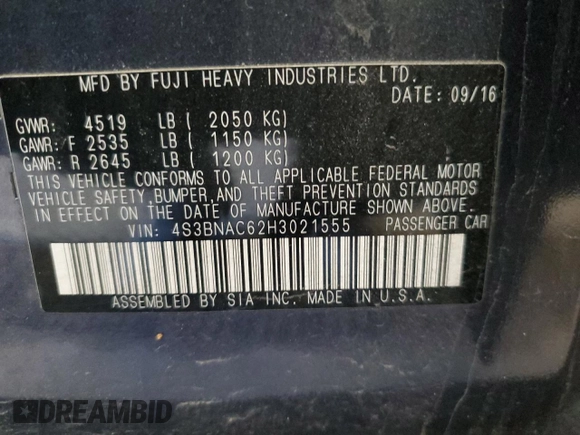 2017 Subaru Legacy Premium with VIN 4S3BNAC62H3021555, listed as a Copart auction lot 54013085 with 111,103 mi miles and Salvage title. Bid and sale history available at DreamBid. Image 13.