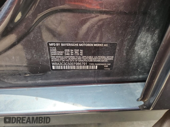 2014 BMW 3 Series 320i xDrive with VIN WBA3C3C50EF986791, listed as a Copart auction lot 62003805 with 109,556 mi miles and Salvage title. Bid and sale history available at DreamBid. Image 12.