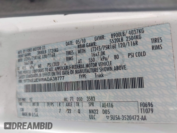 2010 Ford Econoline Cargo Commercial with VIN 1FTNE2EW6ADA38777, listed as a IAAI auction lot 41557940 with 176,936 mi miles and . Bid and sale history available at DreamBid. Image 9.