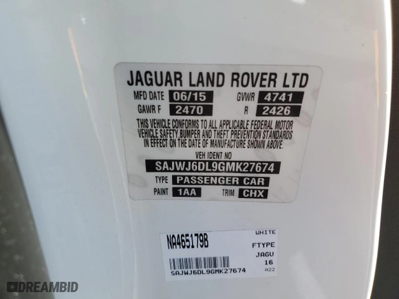 2016 Jaguar F-TYPE R with VIN SAJWJ6DL9GMK27674, listed as a Copart auction lot 68377194 with 55,074 mi miles and Salvage Title. Bid and sale history available at carsss.com. Image 13.