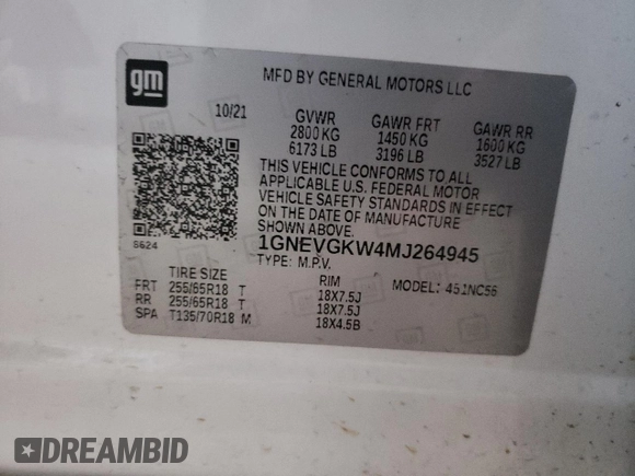 2021 Chevrolet Traverse LT Cloth with VIN 1GNEVGKW4MJ264945, listed as a Copart auction lot 61540324 with 35,741 mi miles and Salvage Title. Bid and sale history available at carsss.com. Image 13.