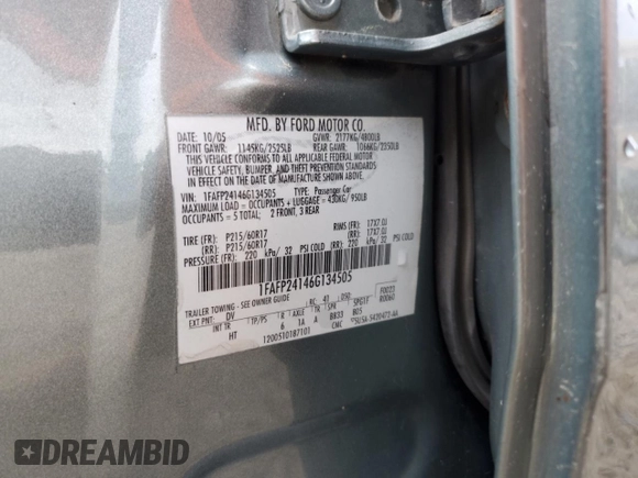 2006 Ford Five Hundred SEL with VIN 1FAFP24146G134505, listed as a Copart auction lot 60423075 with Not provided miles and Salvage title. Bid and sale history available at DreamBid. Image 12.
