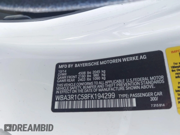2015 BMW 4 Series 435i с VIN WBA3R1C58FK194299, выставлен на аукционе IAAI как лот 41624998 с пробегом Не указан миль и . История ставок и продаж доступна на DreamBid. Изображение 9.