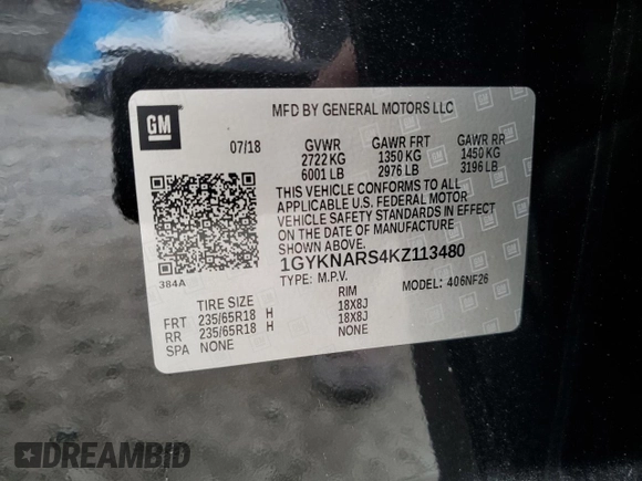 2019 Cadillac XT5 FWD with VIN 1GYKNARS4KZ113480, listed as a Copart auction lot 50328075 with 73,064 mi miles and Non Repairable. Bid and sale history available at carsss.com. Image 13.