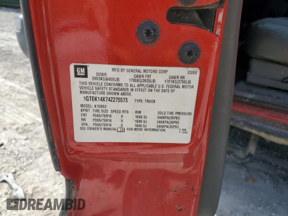 2004 GMC Sierra 1500 Work Truck z VIN 1GTEK14X74Z275573, wystawiony jako Copart lot #70749224 z przebiegiem 84 014 mil mil oraz Szkody całkowita. Historia ofert i sprzedaży dostępna na DreamBid. Obrazek 12.