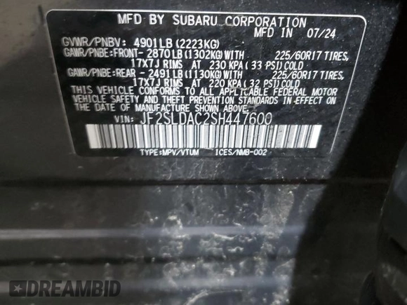 2025 Subaru Forester with VIN JF2SLDAC2SH447600, listed as a Copart auction lot 53180575 with 8,623 mi miles and Salvage title. Bid and sale history available at DreamBid. Image 13.