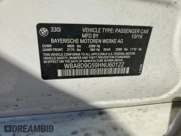 2017 BMW 3 Series 330i xDrive with VIN WBA8D9G59HNU60122, listed as a Copart auction lot 51227115 with 81,368 mi miles and Salvage Title. Bid and sale history available at carsss.com. Image 12.
