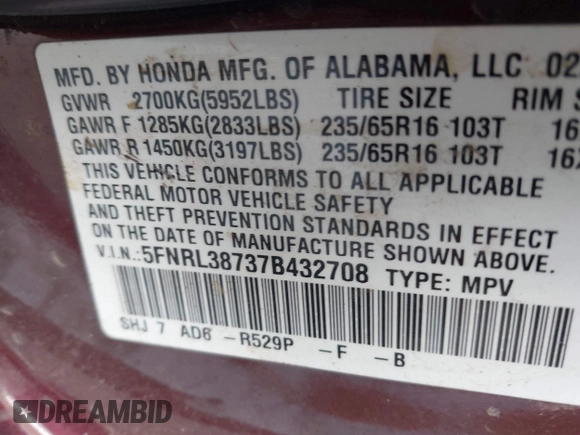 2007 Honda Odyssey EX-L with VIN 5FNRL38737B432708, listed as a IAAI auction lot 42116022 with 312,934 mi miles. Bid and sale history available at carsss.com. Image 9.