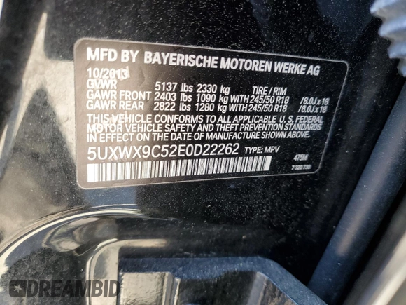 2014 BMW X3 xDrive28i with VIN 5UXWX9C52E0D22262, listed as a Copart auction lot 52397365 with 134,615 mi miles and Salvage Title. Bid and sale history available at DreamBid. Image 12.