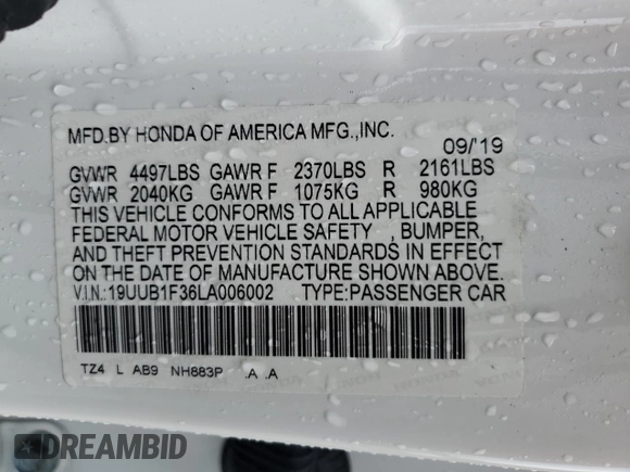 2020 Acura TLX с VIN 19UUB1F36LA006002, выставлен на аукционе Copart как лот 56640675 с пробегом 155 411 миль миль и Списание • Salvage title. История ставок и продаж доступна на DreamBid. Изображение 12.