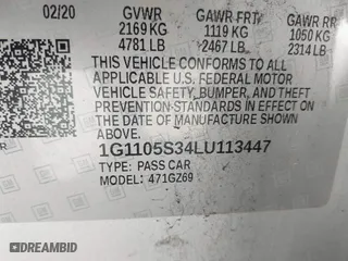 2020 Chevrolet Impala Premier with VIN 1G1105S34LU113447, listed as a IAAI auction lot 41736979 with 1 mi miles. Bid and sale history available at carsss.com. Image 9.