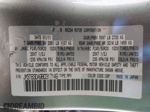 2011 Mazda CX-9 Grand Touring с VIN JM3TB3DA9B0317149, выставлен на аукционе IAAI как лот 41720503 с пробегом 199 539 миль миль и . История ставок и продаж доступна на DreamBid. Изображение 9.