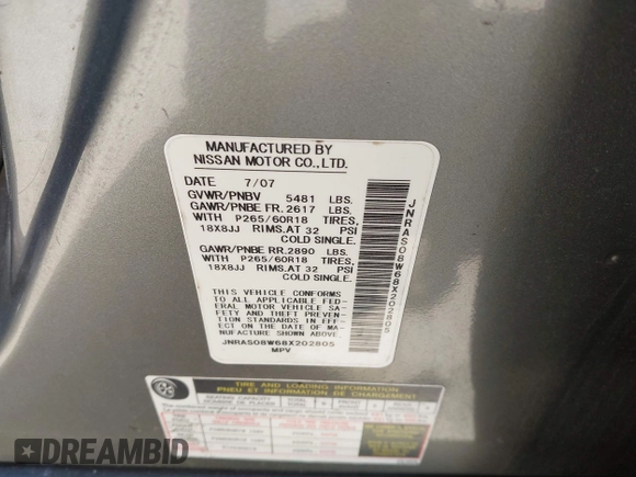 2008 Infiniti FX with VIN JNRAS08W68X202805, listed as a IAAI auction lot 41908721 with 204,061 mi miles and . Bid and sale history available at DreamBid. Image 9.