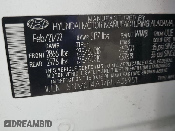2022 Hyundai Santa Fe SE z VIN 5NMS14AJ7NH435951, wystawiony jako Copart lot #57173405 z przebiegiem 33 360 mil mil oraz Szkoda całkowita • Salvage title. Historia ofert i sprzedaży dostępna na DreamBid. Obrazek 12.