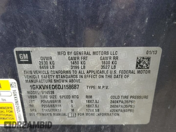 2013 GMC Acadia SLE with VIN 1GKKVNED6DJ158687, listed as a Copart auction lot 55075165 with 164,426 mi miles and Salvage Title. Bid and sale history available at carsss.com. Image 13.