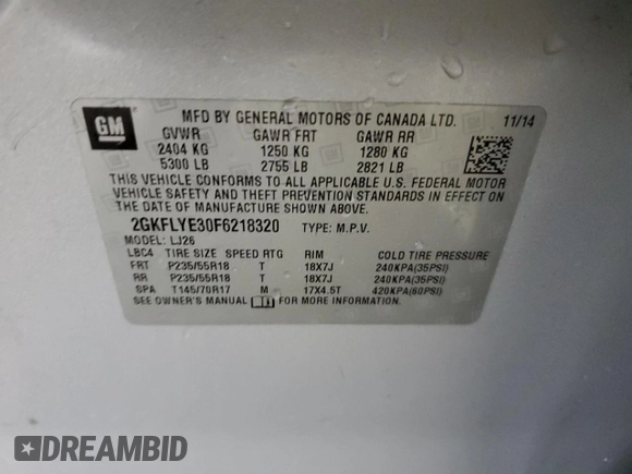 2015 GMC Terrain SLT with VIN 2GKFLYE30F6218320, listed as a Copart auction lot 48132305 with 158,629 mi miles and Salvage Title. Bid and sale history available at DreamBid. Image 13.