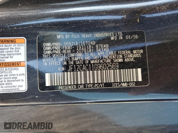2016 Subaru BRZ Limited with VIN JF1ZCAC11G9602569, listed as a Copart auction lot 86057574 with 66,328 mi miles and Salvage Title. Bid and sale history available at carsss.com. Image 12.