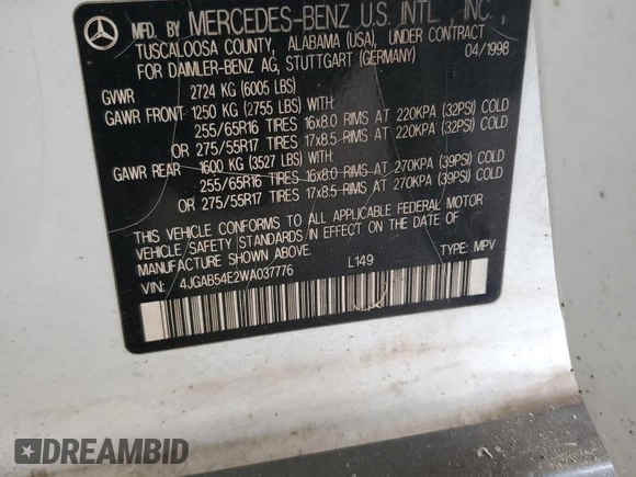 1998 Mercedes-Benz M-Class with VIN 4JGAB54E2WA037776, listed as a Copart auction lot 50512264 with 218,376 mi miles and Clean Title. Bid and sale history available at carsss.com. Image 12.