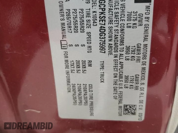 2013 Chevrolet Silverado 1500 LT with VIN 3GCPKSE74DG375997, listed as a Copart auction lot 53350625 with Not Provided miles and Salvage Title. Bid and sale history available at DreamBid. Image 14.