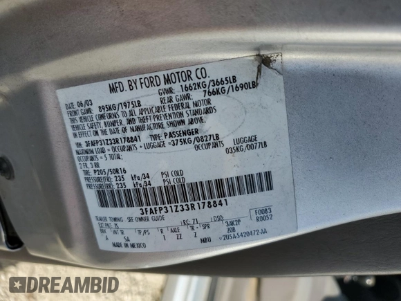 2003 Ford Focus ZX3 with VIN 3FAFP31Z33R178841, listed as a Copart auction lot 43453095 with 187,698 mi miles and Salvage title. Bid and sale history available at DreamBid. Image 13.