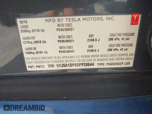 2013 Tesla Model S Performance with VIN 5YJSA1DP8DFP28644, listed as a IAAI auction lot 42641375 with 140,941 mi miles and . Bid and sale history available at DreamBid. Image 9.