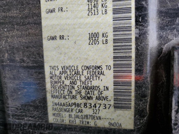 2011 Nissan Maxima SV с VIN 1N4AA5AP9BC834737, выставлен на аукционе Copart как лот 58487575 с пробегом Не указан миль и Списание • Salvage title. История ставок и продаж доступна на DreamBid. Изображение 12.