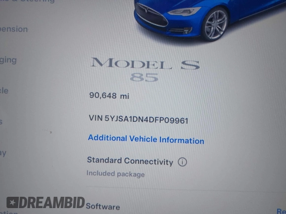 2013 Tesla Model S с VIN 5YJSA1DN4DFP09961, выставлен на аукционе IAAI как лот 42304508 с пробегом 90 648 миль миль и . История ставок и продаж доступна на DreamBid. Изображение 7.