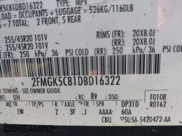 2013 Ford Flex SEL z VIN 2FMGK5C81DBD16322, wystawiony jako IAAI lot #42217080 z przebiegiem 212 882 mil mil oraz . Historia ofert i sprzedaży dostępna na DreamBid. Obrazek 9.