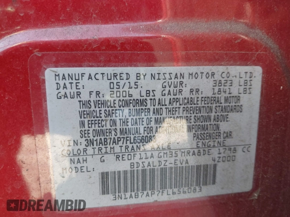 2015 Nissan Sentra SV with VIN 3N1AB7AP7FL656083, listed as a IAAI auction lot 41994026 with 114,913 mi miles and . Bid and sale history available at DreamBid. Image 9.