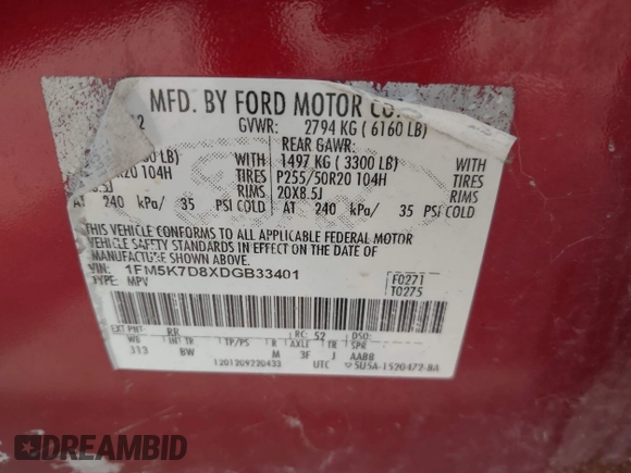 2013 Ford Explorer XLT with VIN 1FM5K7D8XDGB33401, listed as a IAAI auction lot 42617870 with 159,348 mi miles and . Bid and sale history available at DreamBid. Image 9.